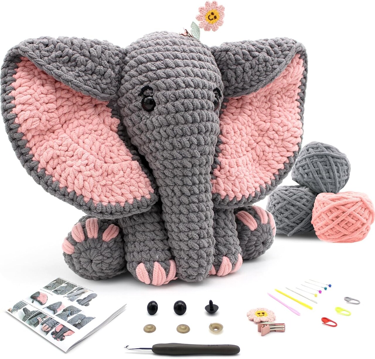 Crochet Kit for Beginners,13in Crochet Animal Kit Elephant,Crochet Starter Kit Gift for Adults Kids with Yarn Sets,Amigurumi Crochet Kit with Step-by-Step Video Tutorials